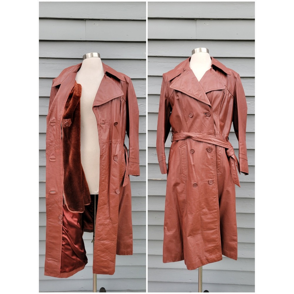 Vintage 70s Leather Trench Coat Mahogany Brown Belted Double Breasted Size 18